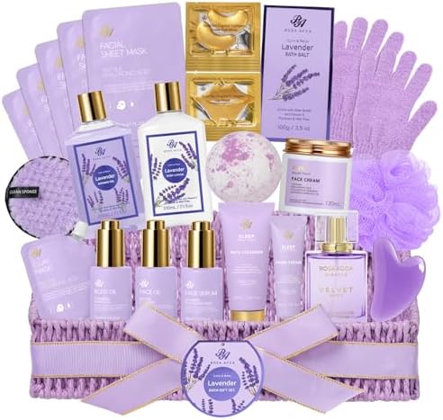 Gifts for Women, 32 Pcs Lavender Spa Gifts Basket, Hydrating Face Skin Care by RAROSAACCA