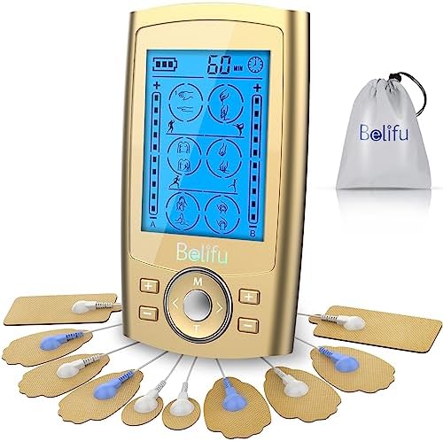 Belifu Dual Channel TENS EMS Unit 24 Modes Muscle Stimulator for Pain Relief Therapy, Electronic Pulse Massager Muscle Massager with 10 Pads, Dust-Proof Drawstring Storage Bag, Fastening Cable Ties by Belifu