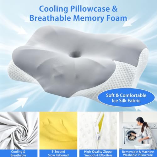 Ergonomic Cervical Pillow for Neck Pain, Dual-Height Memory Foam for Side/Back Sleepers 3.5/4.7in, Cooling Gel Orthopedic Bed Pillow with Washable Cover, 22.8x15in Grey/White - Image 4