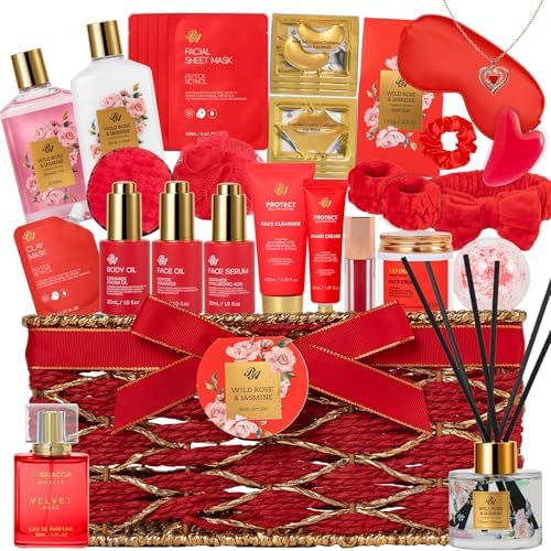 35 Pcs Gift for Women, Red Rose Bath & Body Basket Gift, Spa Gift Basket by RAROSAACCA