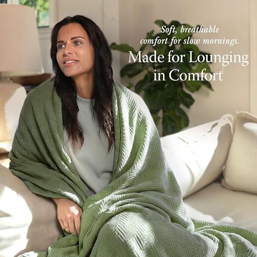 Threadmill Luxury 100% Cotton Twin Herringbone Blanket, Olive - Image 3