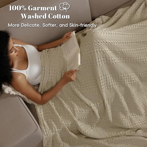 PHF Lightweight 100% Cotton Waffle Blanket for Bed, King, Khaki - Image 2