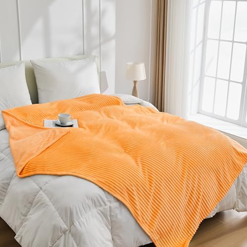 Bnuitland Fleece Throw Blanket for Couch, 300GSM Soft Warm Cozy Fluffy Throw for Adults & Kids, Stripe Pattern, All Season Sofa Bed Blanket for Home Decor, Light Orange 50"x60" - Image 5