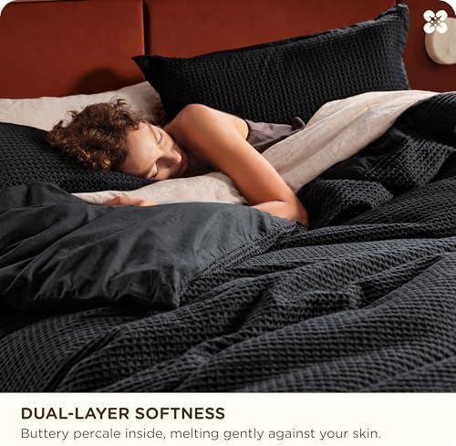 Bedsure PureWoven 3 Pieces 100% Cotton Waffle Weave Duvet Cover Set, Black - Image 4