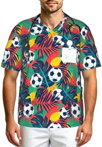 Men's Scrub Top,V-Neck Spill Wrinkle Resistant,3 Pockets-Tropical Palm Leaf Football (2) by Unknown