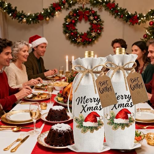 1Pcs Christmas hat Wine Bags Christmas Gift Bag, Wine Bottle Bags Merry Xmas Bottle Covers for Xmas,Holiday Party, Birthday, Storage with 1Pcs Kraft Blessing Cards and natural jute rope - Image 5