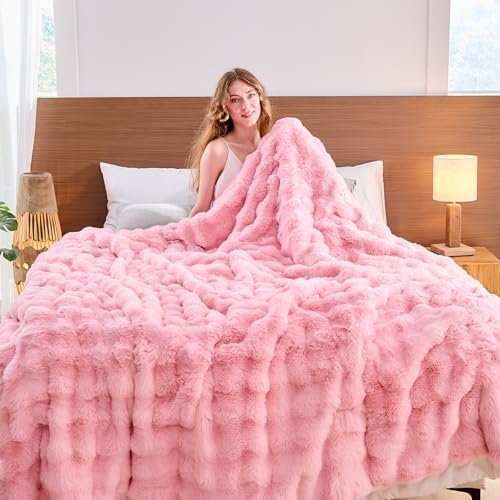 Lotus Karen Faux Fur Throw Blanket Pink - Big Bubble Rabbit Fluff Blanket for Couch, Large Fluffy Fuzzy Cozy Blanket,Thick Furry Plush Shaggy Blankets,90x90 Inches - Image 4