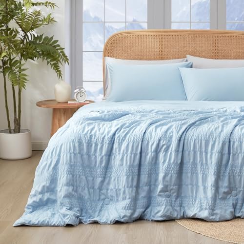 Cozy Bliss Seersucker Cooling Comforter Queen Size, Q-Max 0.45 Reversible Lightweight Cooling Blanket, Breathable Silk Smooth Summer Bedding Quilt for Hot Sleepers Night Sweats Cold Blue by CozyBliss