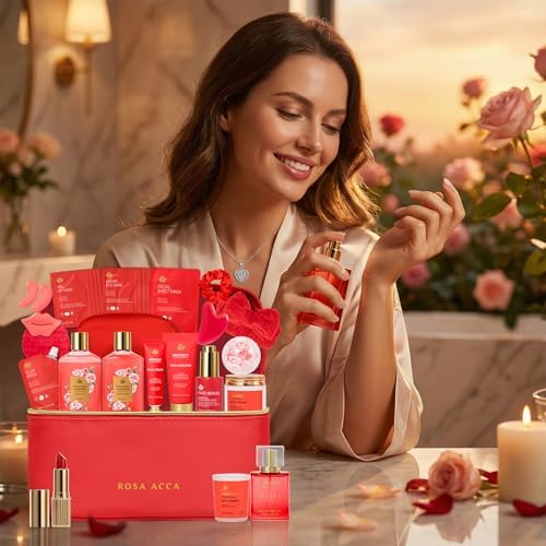 25 Pcs Mother's Day Gift, Red Rose Bath & Body Gift Basket Set for Women, Hydrating Skin Care Set, Home Spa Self Care Gifts, Cosmetic Bag, Necklace, Christmas, Birthday, Anniversary - Image 3