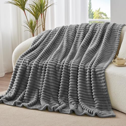 BEDELITE Ribbed Fleece Throw Blanket for Couch, Grey, 50"x70" - Image 3