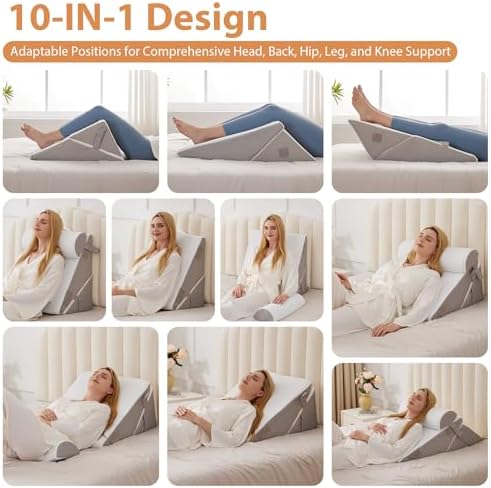 BIEEZZK Wedge Pillow Set for After Surgery, Wedge Pillow for Acid Reflux, Bed Wedge Pillow with Adjustable 9&12inch for Headboard,Sleeping, Orthopedic Memory Foam for Neck&Back Support, White/Grey - Image 2