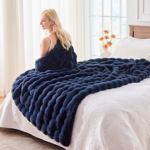 BENVWE Fluffy Faux Fur Throw Blanket for Couch, Soft Plush Thick Cozy Fuzzy Luxury Minky Bubble Blanket for Home Living Room Decor Gift for Women, Navy Blue, 63" x 80", 1100GSM - Image 5