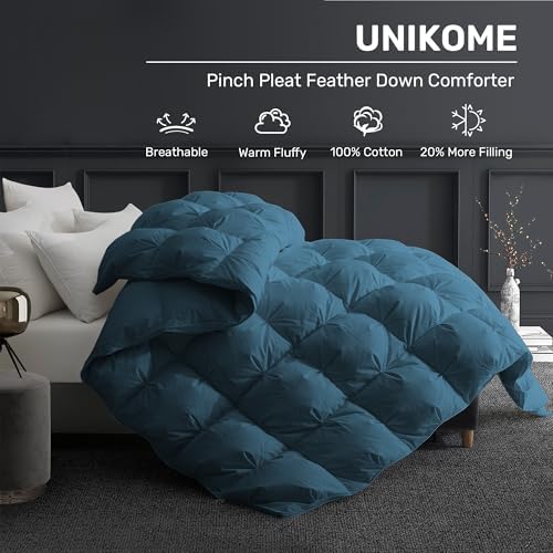 UNIKOME California King Size Goose Feather Down Fiber Comforter, Navy - Image 2