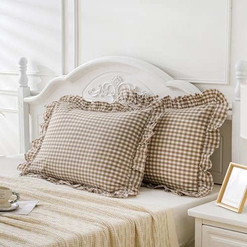 2 Pack Taupe White Plaid Gingham Ruffle Pillow Shams Standard Size 20"x26" - Image 3