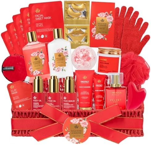 Gifts for Women, 32 Pcs Rose Spa Gifts Basket, Hydrating Face Skin Care Set by RAROSAACCA