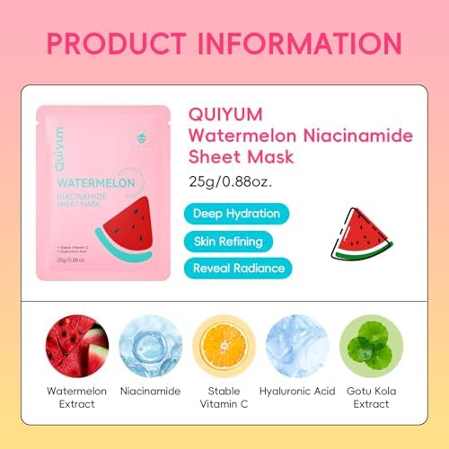 QUIYUM 14 Pack Watermelon Niacinamide Sheet Mask - Hydrating Facial Masks - Image 3