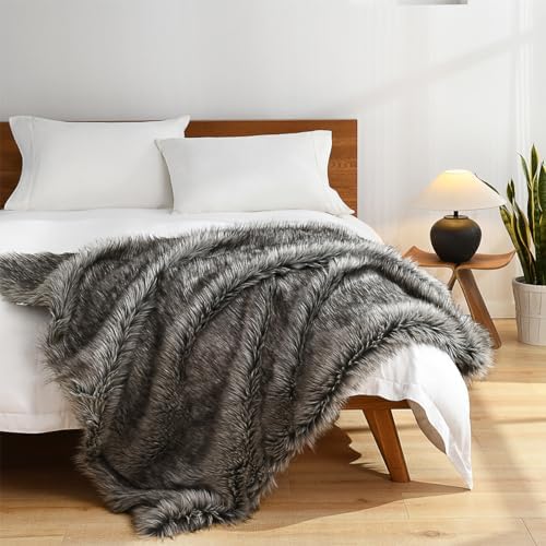 HORIMOTE HOME Luxury Plush Faux Fur Throw Blanket, Long Pile Grey with Black Tipped Blanket, Super Warm, Fuzzy, Elegant, Fluffy Decoration Blanket for Couch, Armchair, Sofa and Bed, 50''x 60'' - Image 2