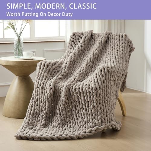 Bigacogo Chunky Knit Throw Blanket for Couch, 60x80 inches, Taupe - Image 3