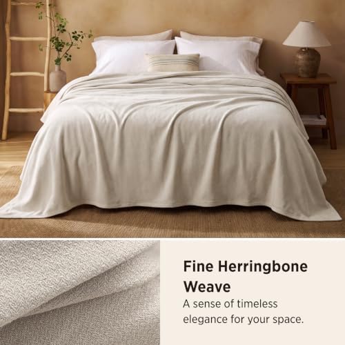 Bedsure 100% Cotton Blanket, Herringbone Weave, Queen Size, Linen Beige - Image 2
