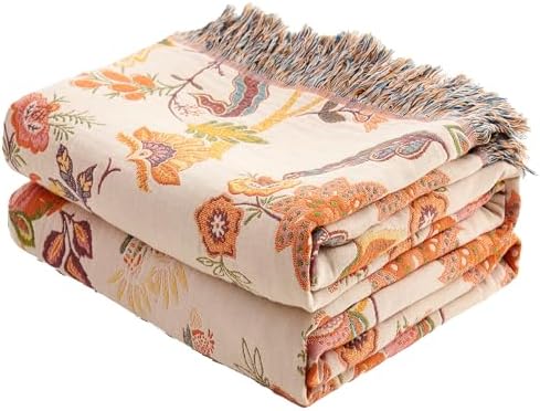 VANJOROY Boho Throw Blanket 60" x 80", 100% Organic Cotton Breathable Skin-Friendly Ultra Soft Bed Quilt Throw - Floral Rustic Decor Luxury Reversible Blanket for Sofa Couch Chair and Gift, by CHOOSEVANJOROYENJOYAMORECOMFORTABLEFEELING