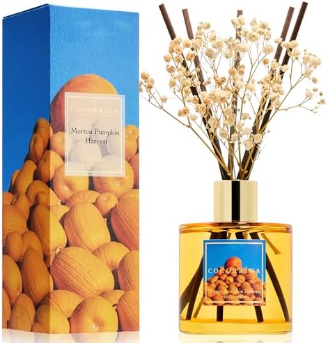 COCORRÍNA Reed Diffuser - Morton Pumpkin Harvest Reed Diffuser Set with 8 Sticks & Preserved Baby's Breath, Reed Diffuser for Home Bathroom Shelf Decor by COCORR%C3%8DNA