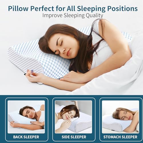Memory Foam Pillows Neck Pillow for Pain Relief, Ergonomic Cervical Pillow Neck Shoulder Support Bed Pillow for Side Back Stomach Sleeper, Orthopedic Contour Pillow for Sleeping(Blue&White) - Image 6