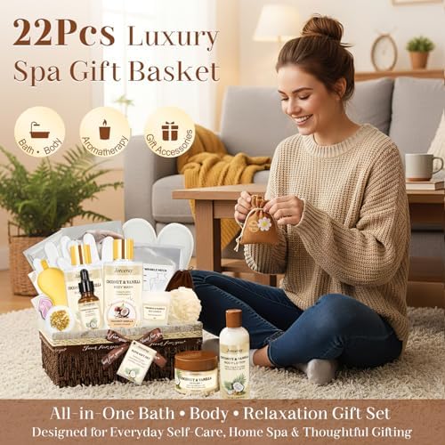 22PCS Spa Gift Baskets for Women, Luxury Bath and Body Gift Basket Set for Women Coconut Vanilla Spa Kit Relaxing Spa Self Care Gift for Her Wife Lover Mom Sister - Image 2