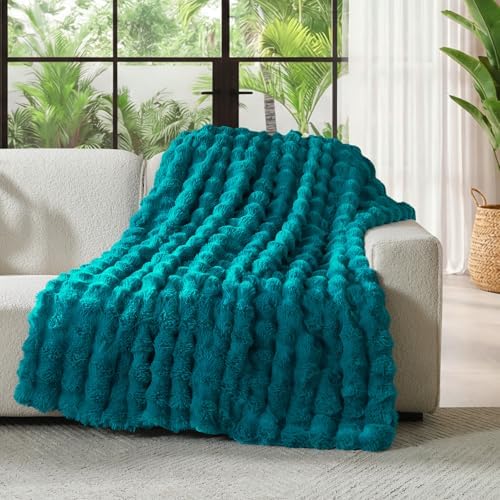 Lotus Karen Faux Fur Throw Blanket Teal - Big Bubble Rabbit Fluff Blanket for Couch Bed Sofa,Softest Fluffy Fuzzy Cozy Blanket,Thick Furry Plush Shaggy Warm Blankets for Women,108x90 Inches - Image 2