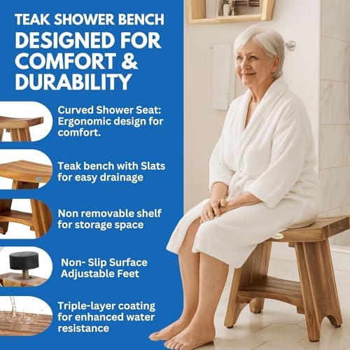 EcoDecors Harmony Gold 18" Teak Shower Bench, Fully Assembled - Image 2