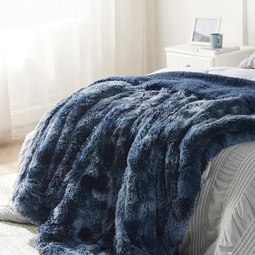 Bedsure Faux Fur Fluffy Sherpa Throw Blanket Twin Tie Dye Navy 60"x80" - Image 5