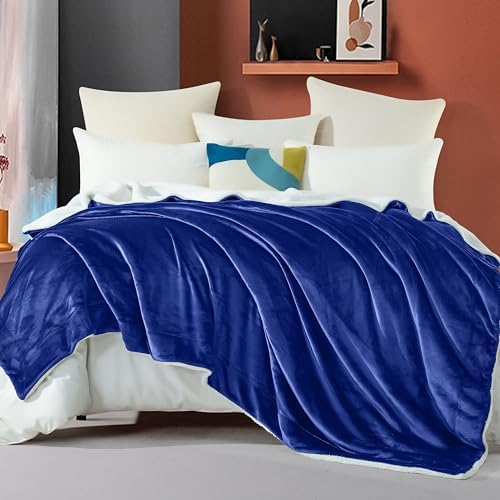 Elegant Comfort Ultra Soft Reversible Flannel Sherpa Blanket - Cozy Silky Fleece Throw for Couch, Bed - Plush Fuzzy Warm Winter Blanket for Gift, Queen, Royal Blue - Image 2