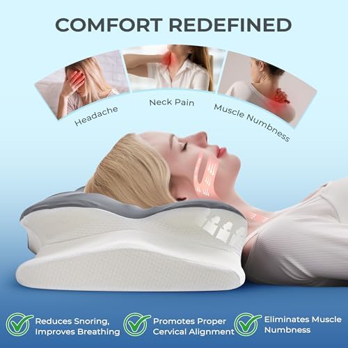 BDEUS Cervical Neck Pillow for Sleeping Ergonomic Pillow Memory Foam Pillows Side Sleeper Pillow for Neck Pain Relief Sleep Apnea Pillow Butterfly Arm Grooves Dual Height, Grey - Image 2