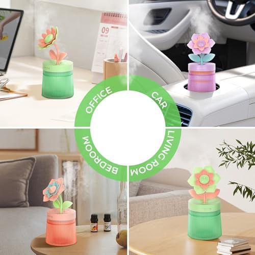 Cute Flower Mini Humidifier, Small Cool Mist Desk Humidifiers, Portable USB Personal Desktop Plant Humidifiers, Cooling for Home Office Car Travel Indoor Outdoor (260ml, Green Sunflower) - Image 3