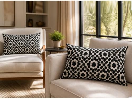 Embroidered Summer Decorative Lumbar Sofa Pillow Cover 12"x20", Mina Black Trellis Throw Pillowcase Pattern, Cotton Canvas Bolster Cushion Case for Couch Bed Living Room Decor(Black and White) - Image 2