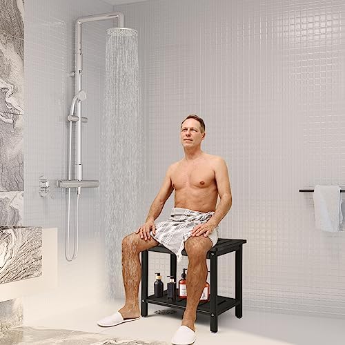 Apolimi HDPE Shower Bench, Shower Stool with Storage Shelf 2-Tier Spa Stool for Inside Shower,Water Resistant & Non-Slip Design Shower Seat (Black L Size) - Image 2