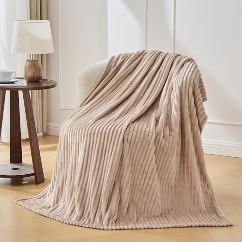 Bnuitland Fleece Throw Blanket, 300GSM Soft Warm Cozy Fluffy Throw for Babys & Pets, Stripe Pattern, All Season Sofa Bed Blanket for Home Decor, Light Camel 50"x60" - Image 4