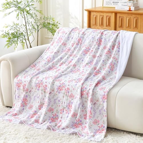 Viviland Cooling Muslin Blanket Queen Size for Bed Summer Gauze Blanket for Adults Breathable Lightweight Soft for Hot Sleepers Linen 90 x 90 Inches Pink Purple Flowers - Image 3