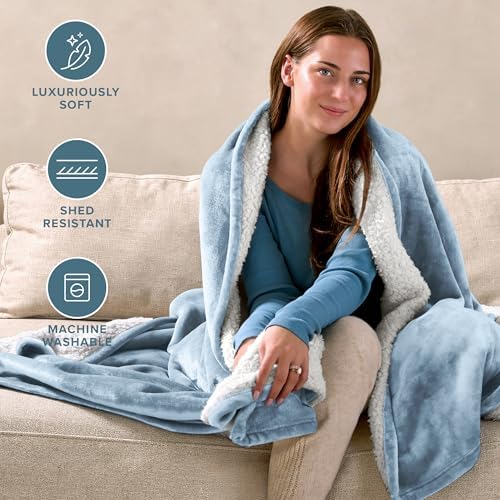Bare Home Sherpa Fleece Blanket (Full/Queen, Light Blue) - Image 3