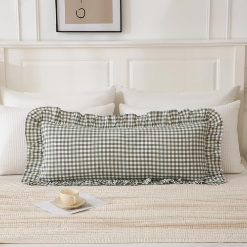 14x36 inches Sage Green Plaid Ruffle Lumbar Pillow Sham 1 Piece - Image 2