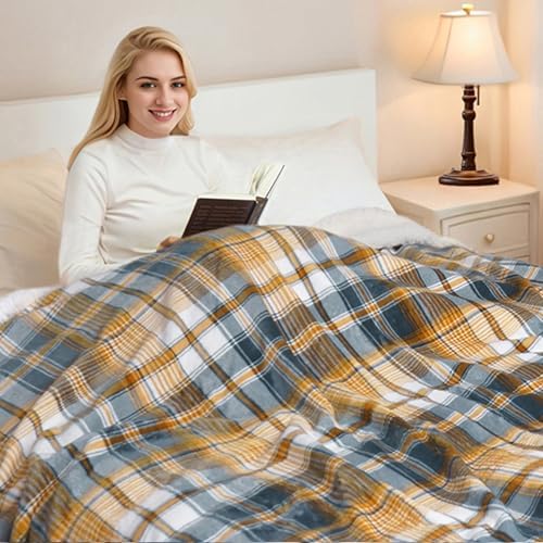 PU MEI Sherpa Blanket Twin Plaid Thick Bed Blanket, 60”*80” Super Soft Flannel Fuzzy Fleece Reversible Velvet Plush Warm Blanket for Couch (Blue Yellow Check) - Image 6