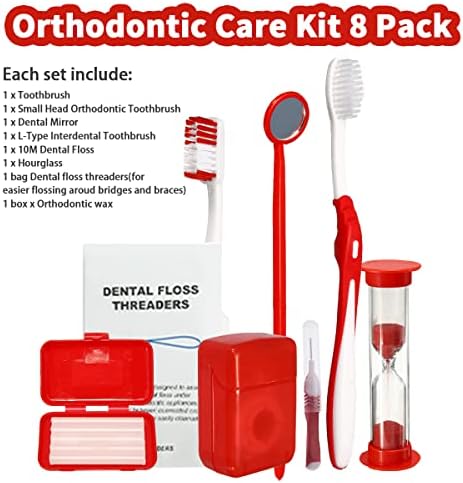 Braces Cleaning Kit for Teeth, Portable Orthodontic Toothbrush Kit Oral Care Dental Travel Kit - Interdental Brush Dental Wax Dental Floss Toothbrush Box (Red) - Image 2
