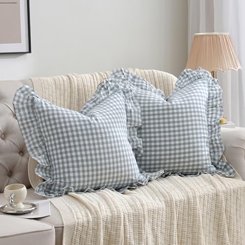 2 Pack Blue White Plaid Ruffle Throw Pillow Covers Farmhouse Checkered Chic by Qilunn