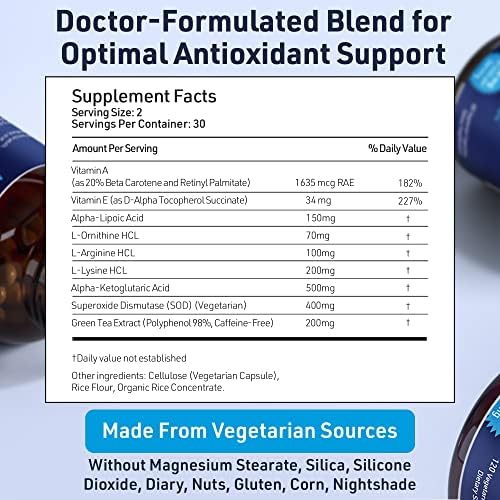 SOD Antioxidants Complex Healthy Aging Supplement - 400mg of Superoxide Dismutase - Alpha Lipoic Acid - L-Arginine -Lysine - AKG - Vitamin A - Vitamin E for Immune Support-60 Capsules - Image 2