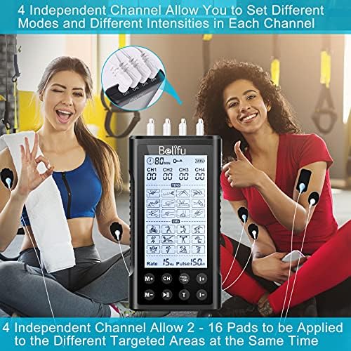 Belifu 4 Independent Channel TENS EMS Unit, 24 Modes,30 Level Intensity Muscle Stimulator Machine, Rechargeable Electric Pulse Massager with 10 Pads&5 Set Leads Wires, for Pain Relief Therapy(Black) - Image 3