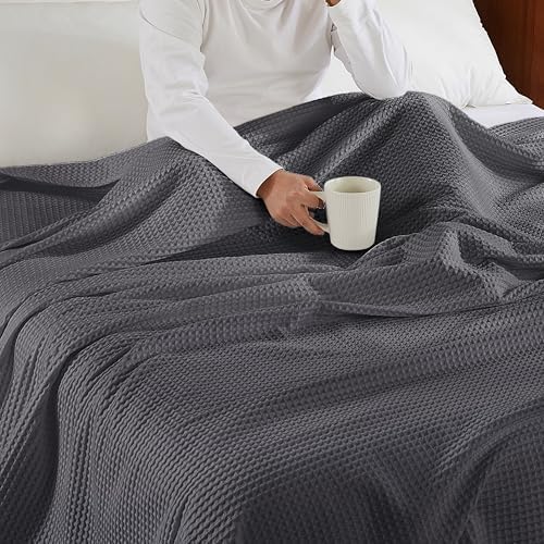 100% Egyptian Cotton Waffle Weave Throw Blanket for Bed Couch Sofa Home Decor, Soft Lightweight Bed & Couch Blanket for All Seasons (Dark Grey - Twin Size - 66 * 90") - Image 4