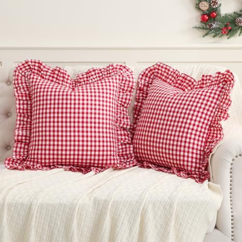 2 Pack Red/White Plaid Ruffled Throw Pillow Sham 20x20 inches by Qilunn