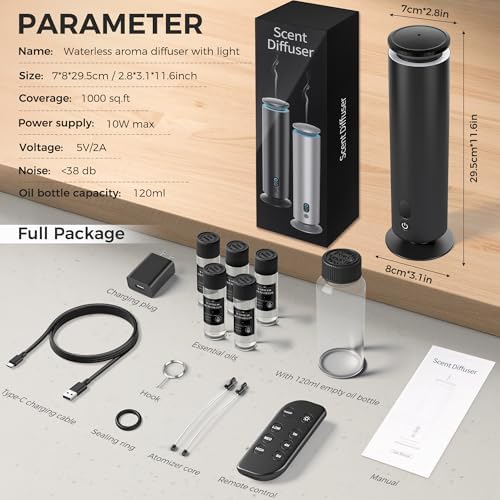 Hotel Scent Diffuser Starter Kit - 1000 Square Feet, 7 Ambient Light Settings, Includes 5 Essential Oils for Hotel Aromatherapy, Hotel Scent Diffuser,for Hotels, Homes, and Large Rooms,Black - Image 7