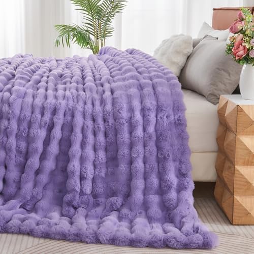 Lotus Karen Faux Fur Throw Blanket Purple - Big Bubble Rabbit Fluff King Blankets for The Bed,Softest Fluffy Fuzzy Cozy Blanket,Thick Furry Plush Shaggy Warm Blankets for Women,108x90 Inches - Image 4