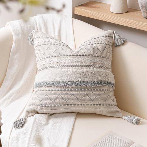 BlissBlush 18X18 Throw Pillow Cover, Cream Neutral Square Decorative Cushion Cover with Gray Pattern, Boho Accent Pillowcase with Tufted Details and Tassels for Couch Sofa Living Room (Cover Only) by BlissBlush