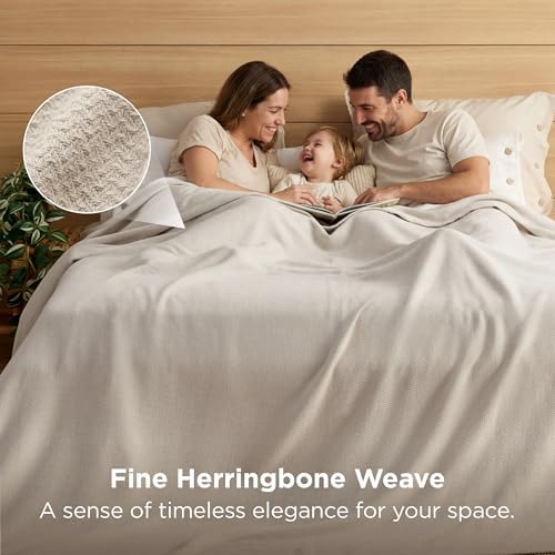 Bedsure 100% Cotton Blanket, Herringbone Weave, Oversized King, Linen Beige - Image 2